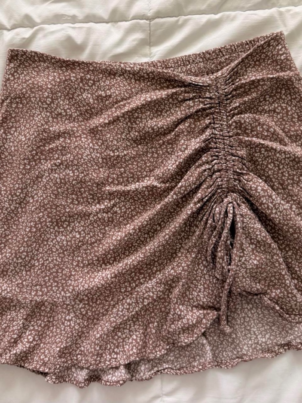 Ruched Floral Mini Skirt in Mauve Brown
